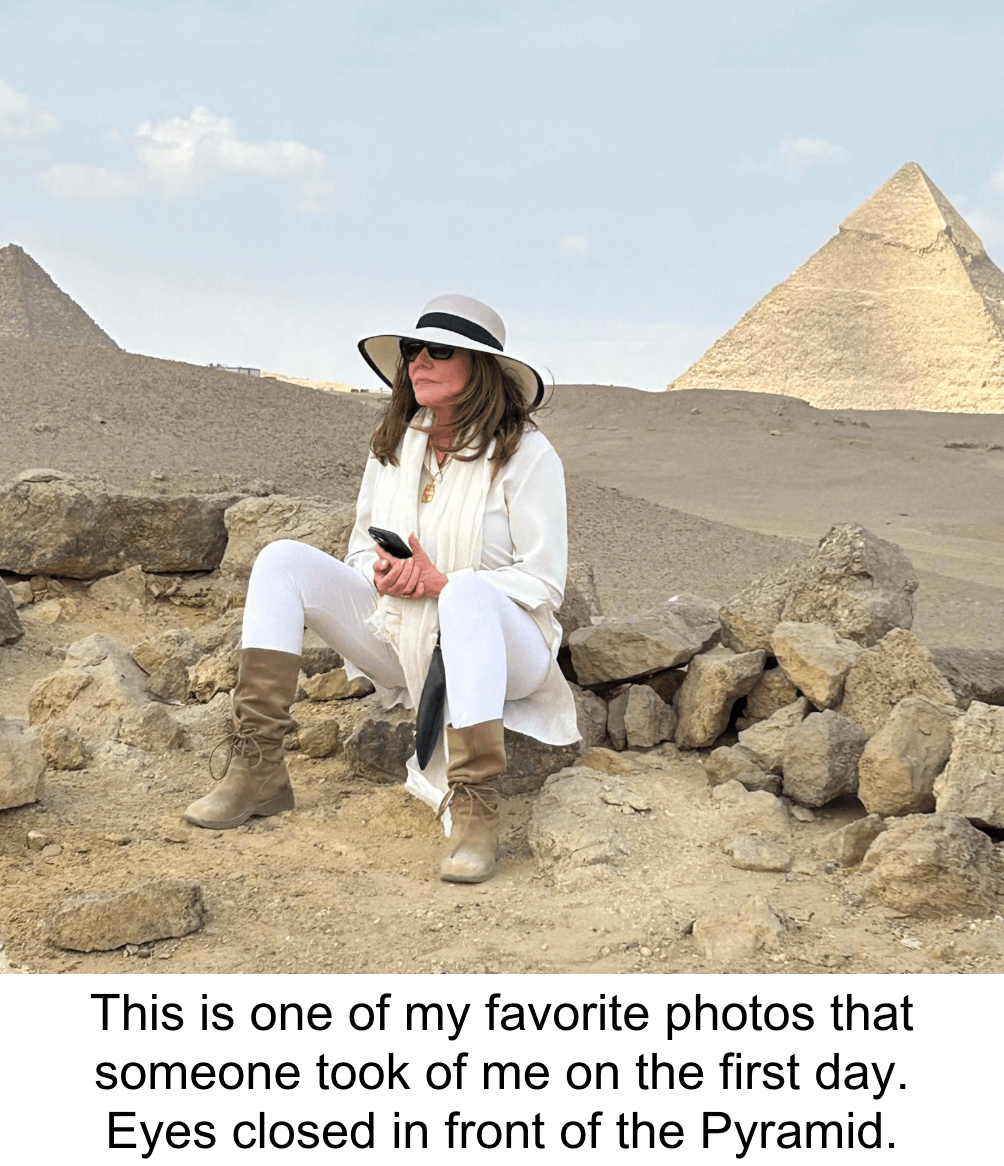 Debra Stangl at Solar Cross, Eyes closed in front of the Pyramid.