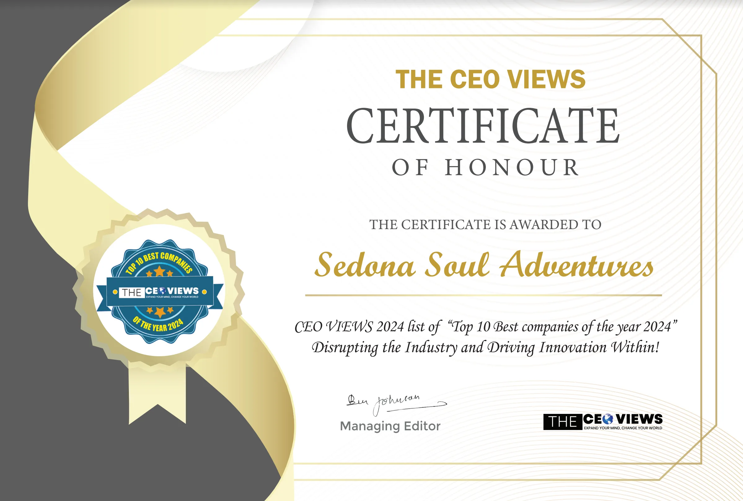 Sedona Soul Adventures named to the CEO Views list of "Top 10 Best Companies of the Year 2024 -- Disrupting the Industry and Driving Innovation."